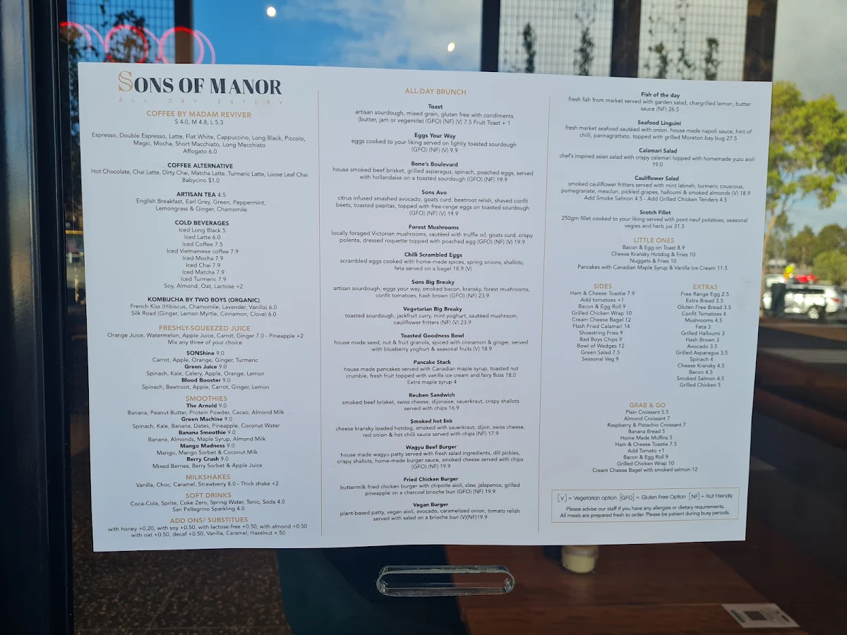 Menu, Sons of Manor- Restaurant Bar