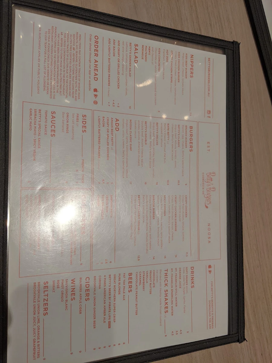 Menu, Betty's Burgers