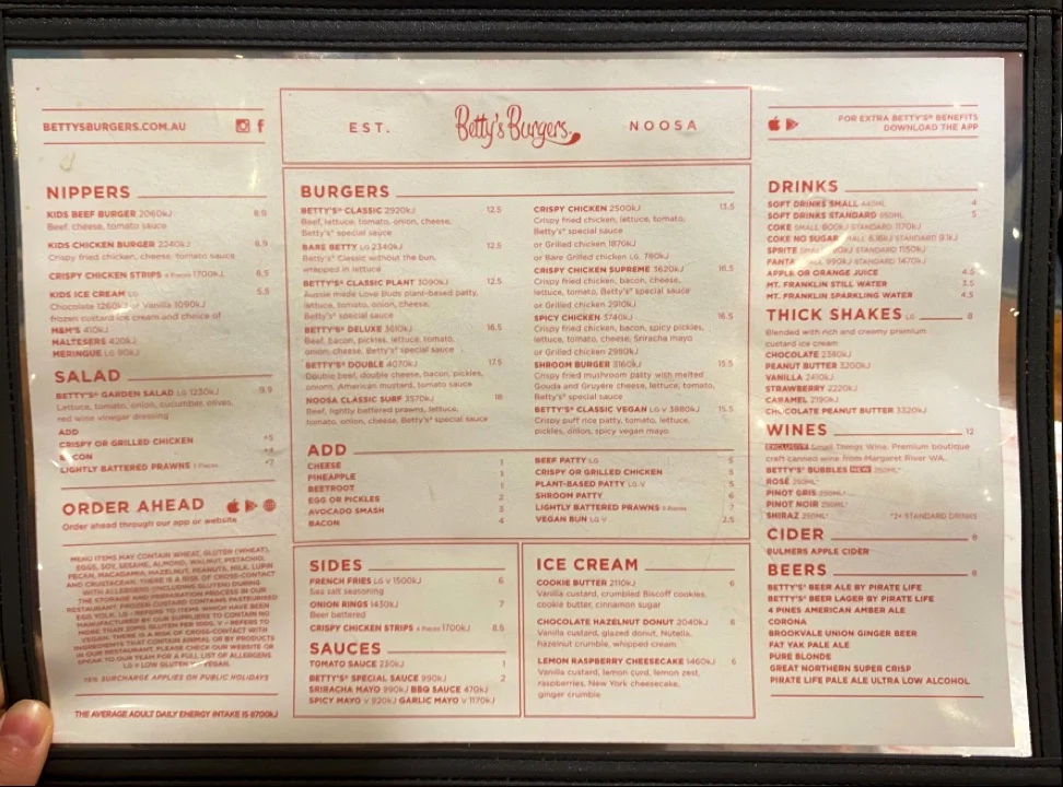 Menu, Betty's Burgers
