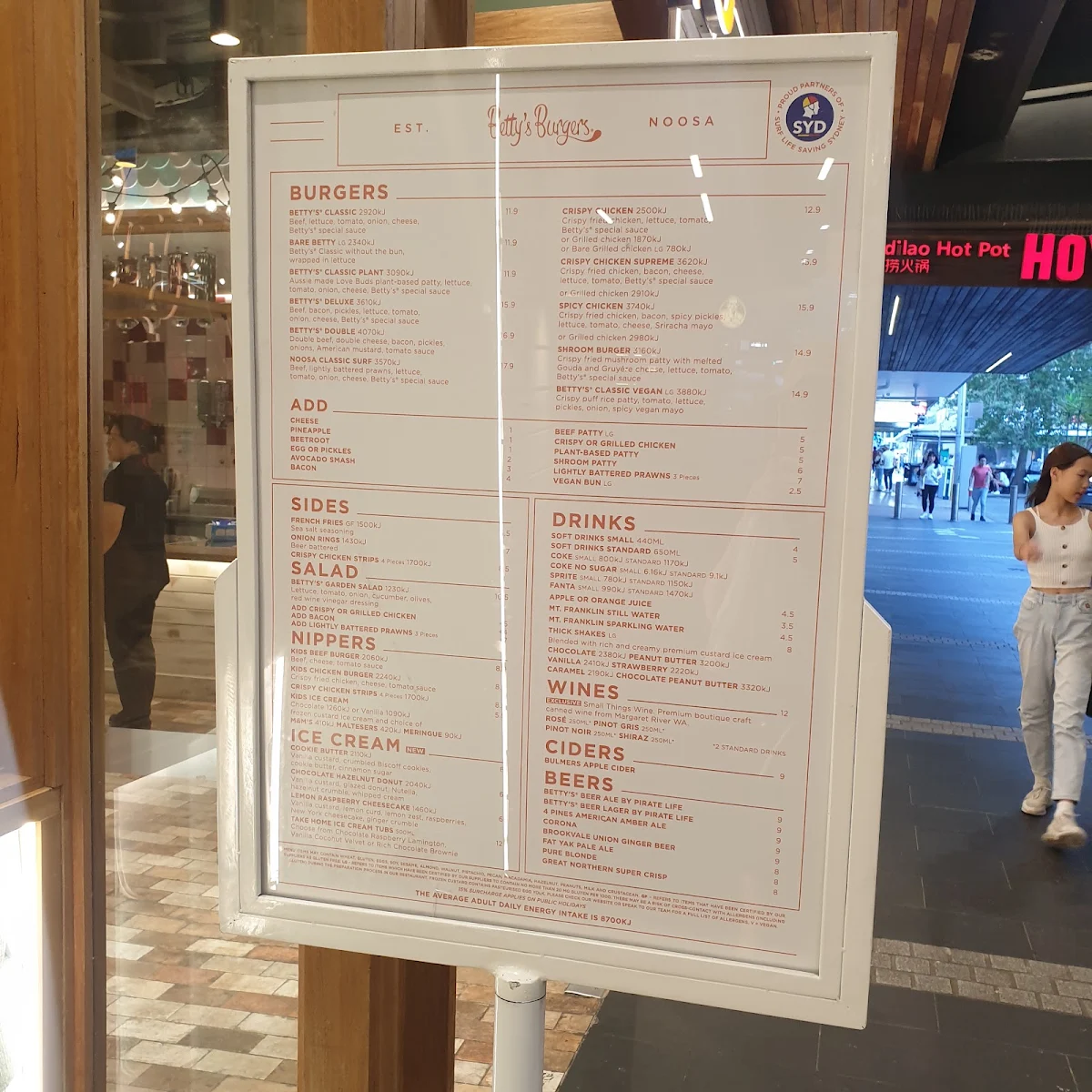Menu, Betty's Burgers