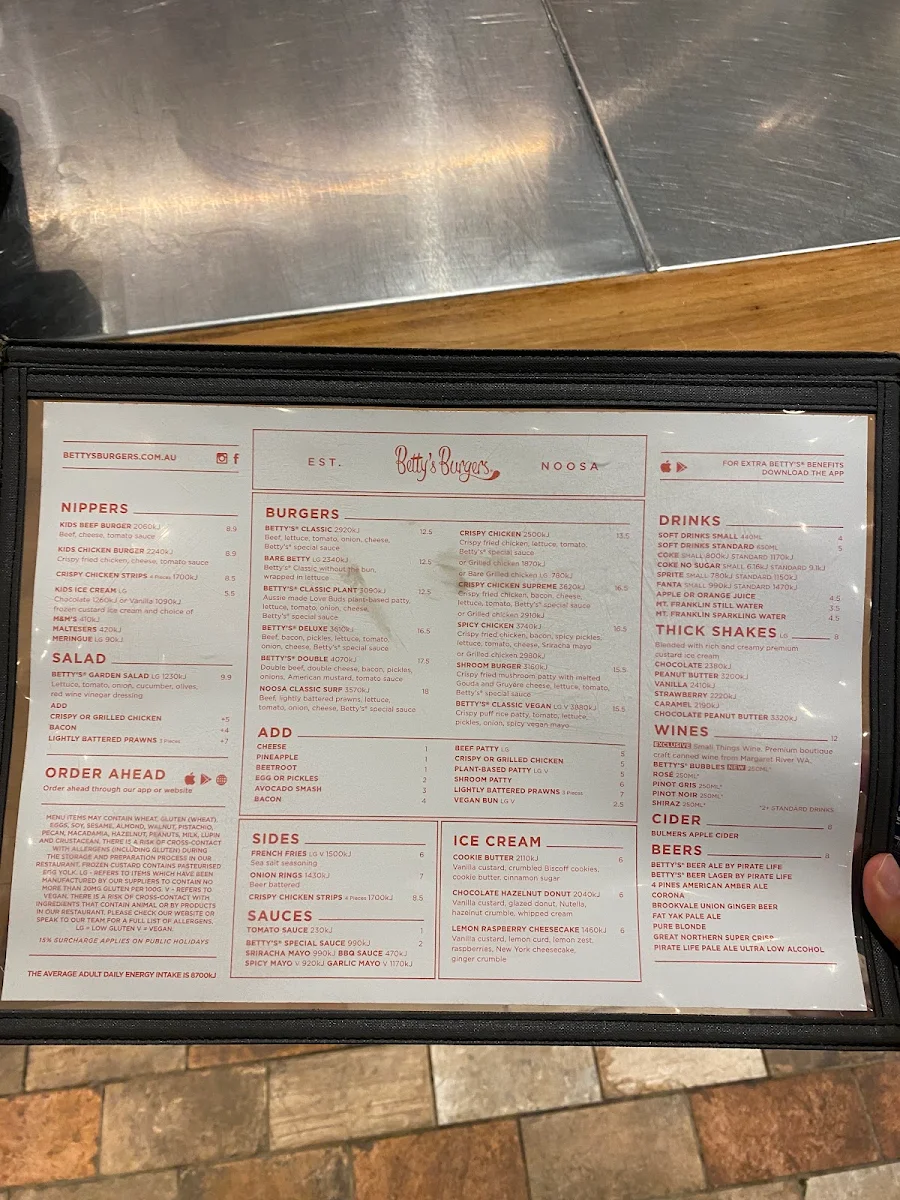 Menu, Betty's Burgers