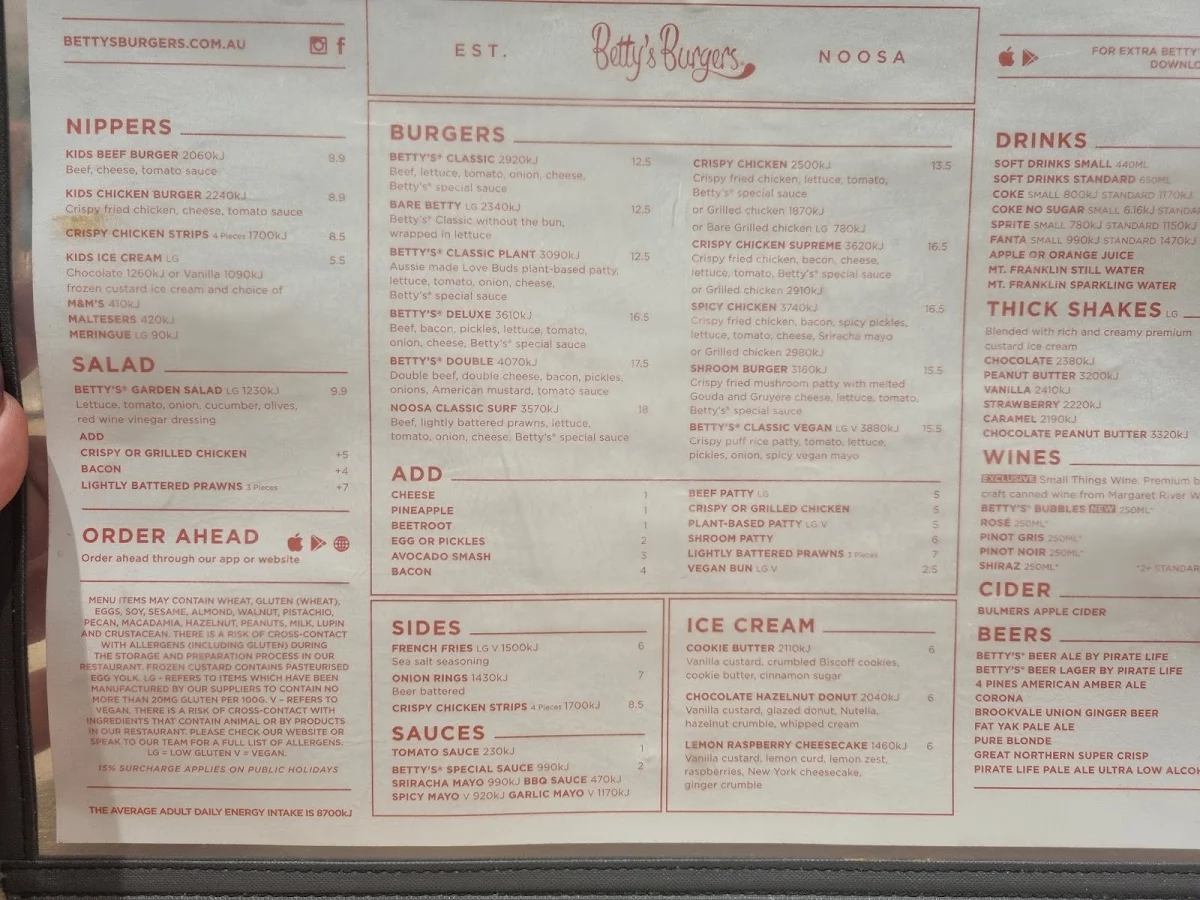 Menu, Betty's Burgers