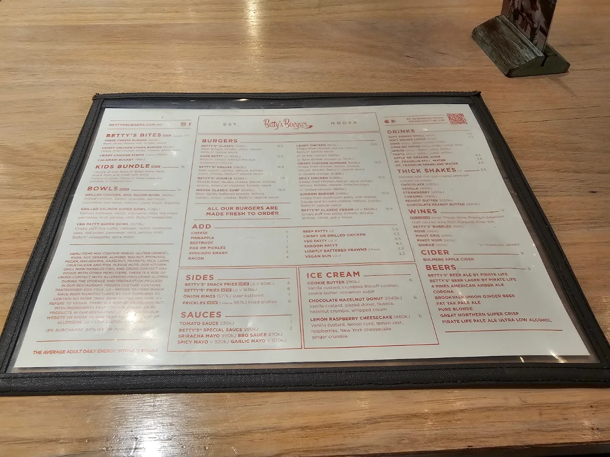 Menu, Betty's Burgers