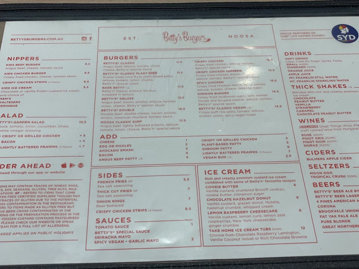 Menu, Betty's Burgers