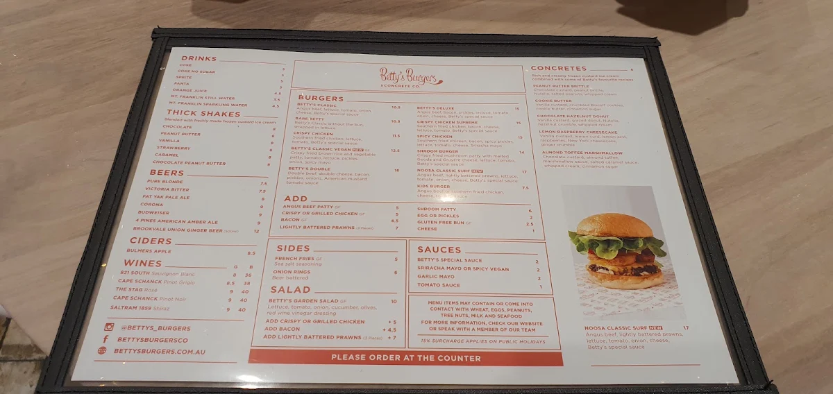 Menu, Betty's Burgers