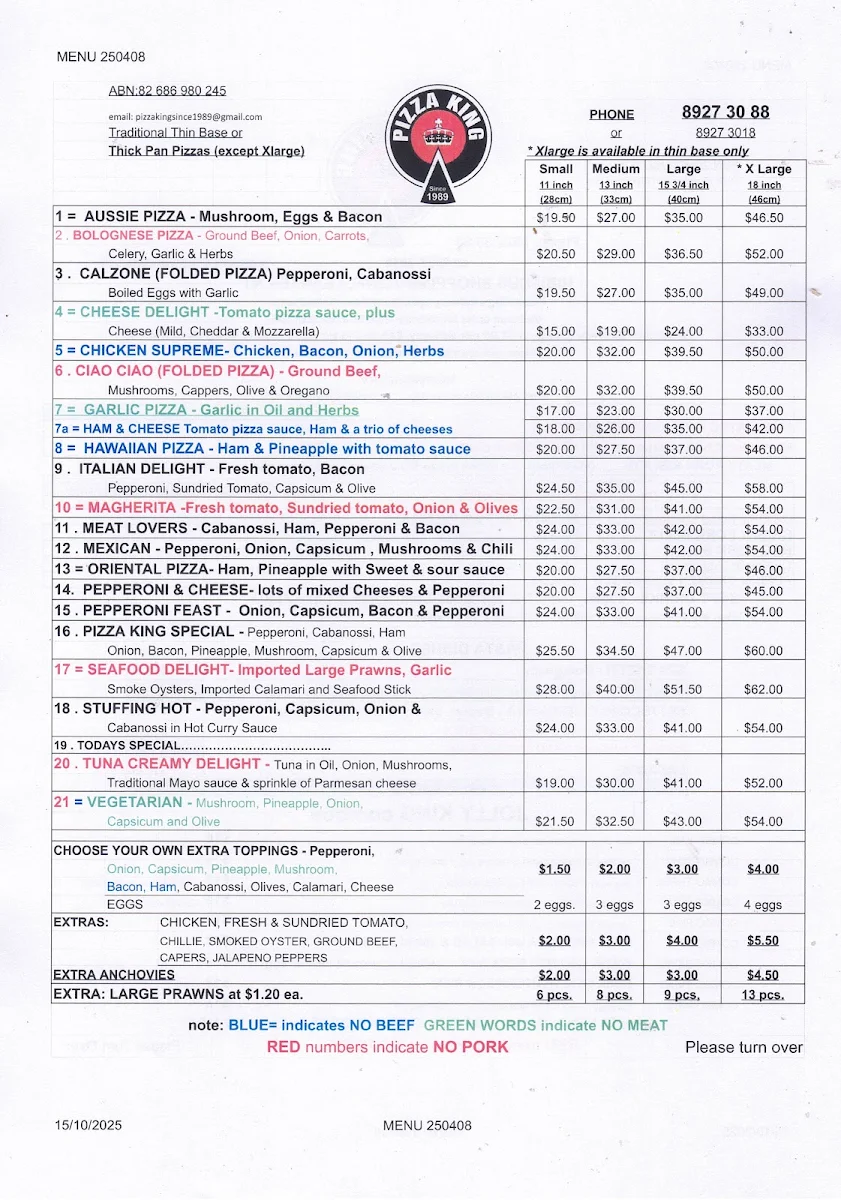 Menu, Pizza King since 1989