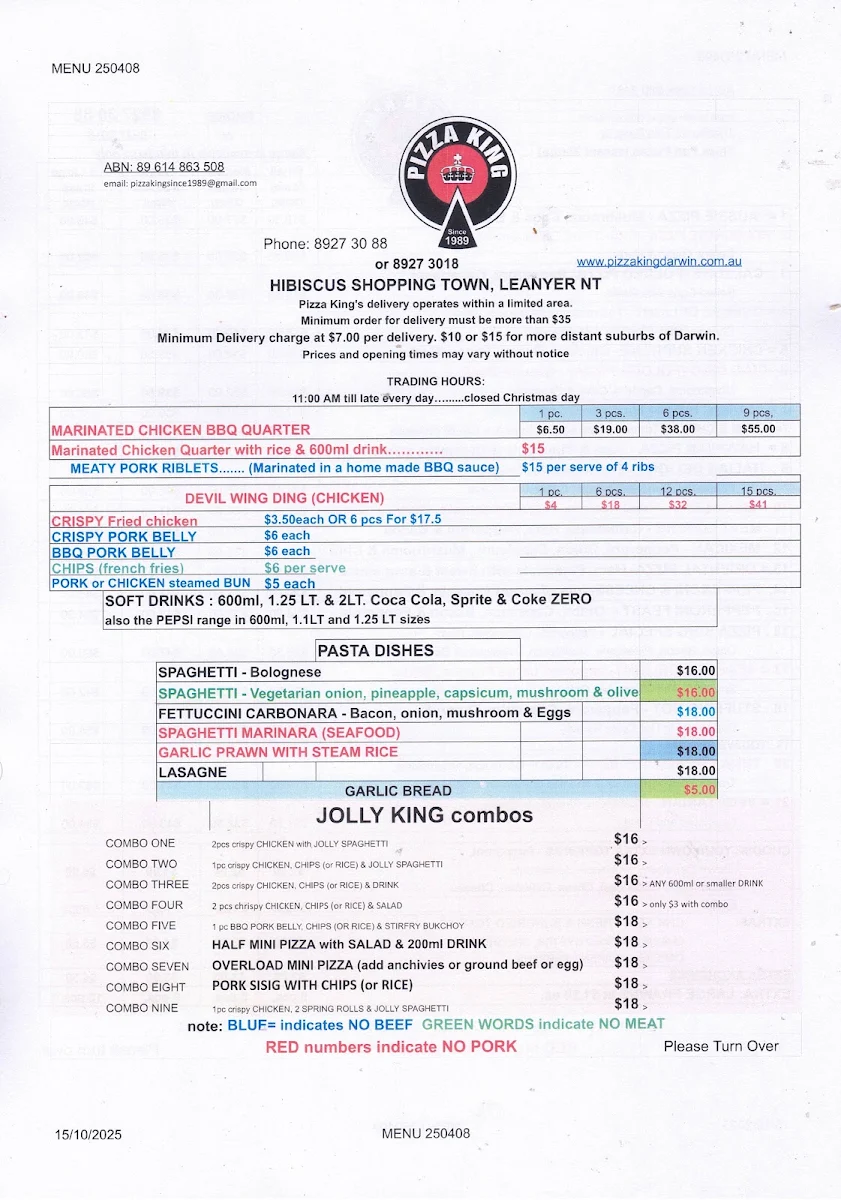 Menu, Pizza King since 1989