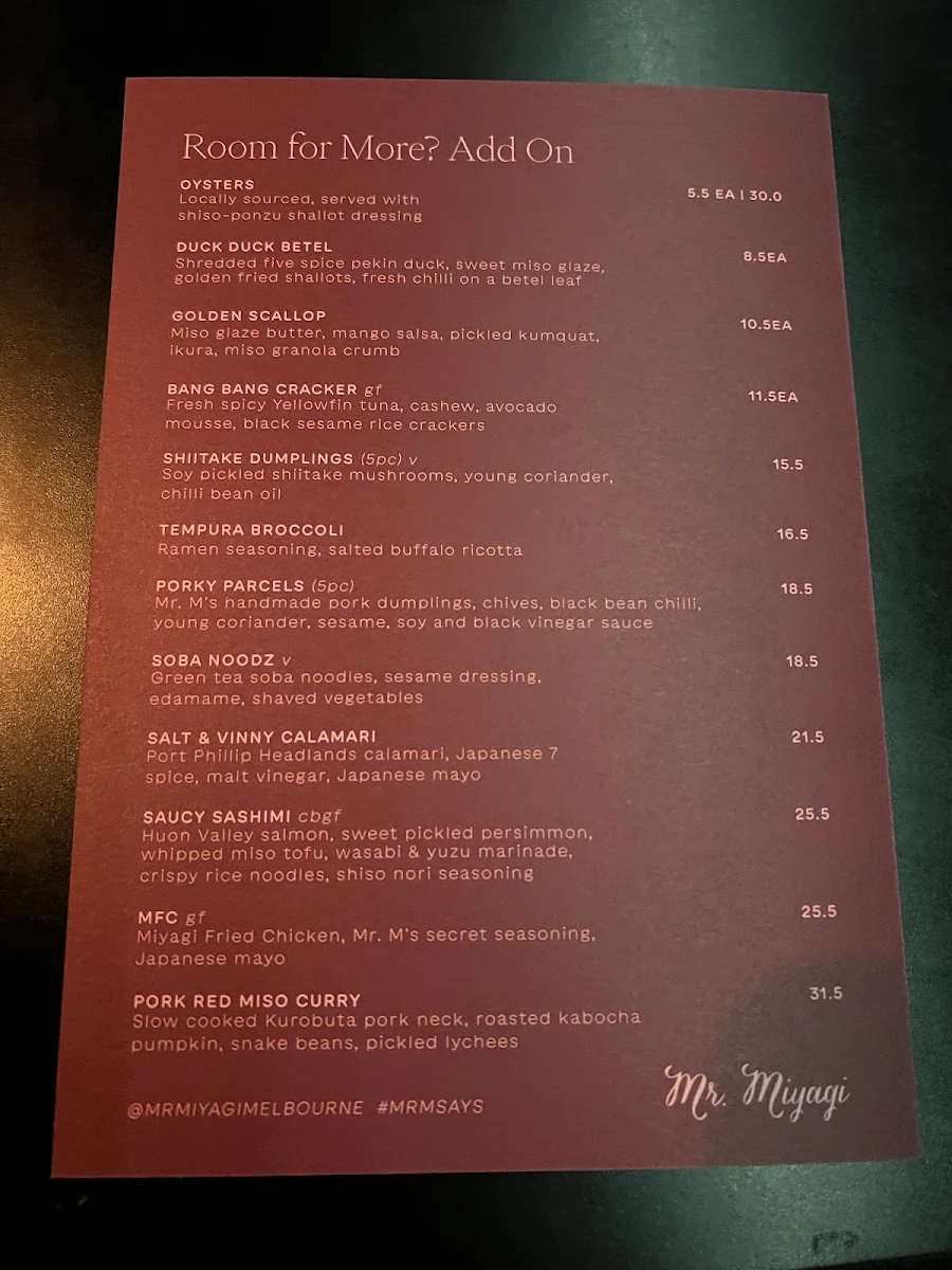 Menu, Mr. Miyagi