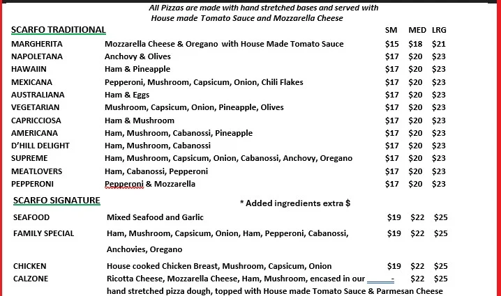 Menu, Scarfo Family Pizza Restaurant