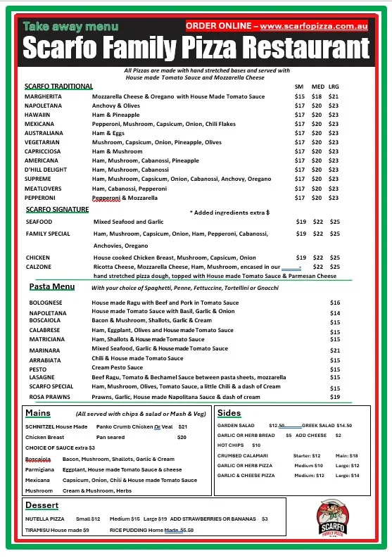 Menu, Scarfo Family Pizza Restaurant
