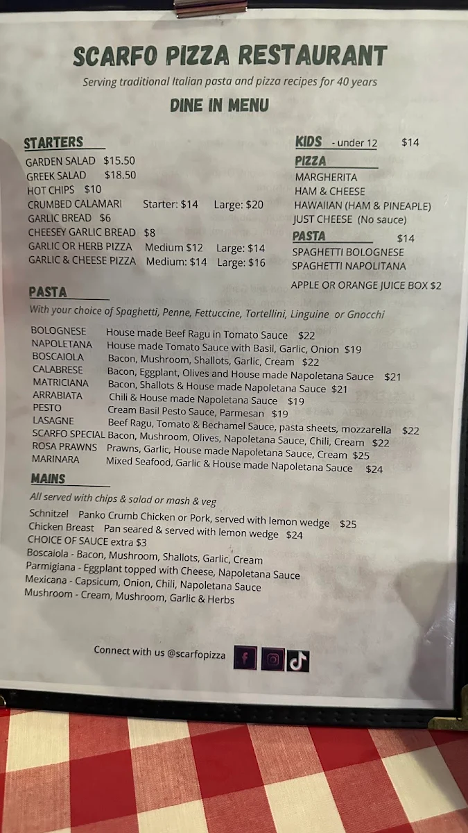 Menu, Scarfo Family Pizza Restaurant