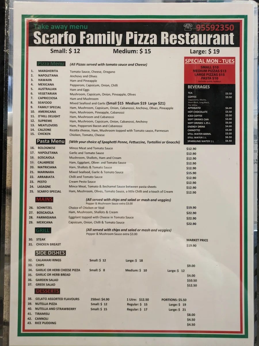 Menu, Scarfo Family Pizza Restaurant