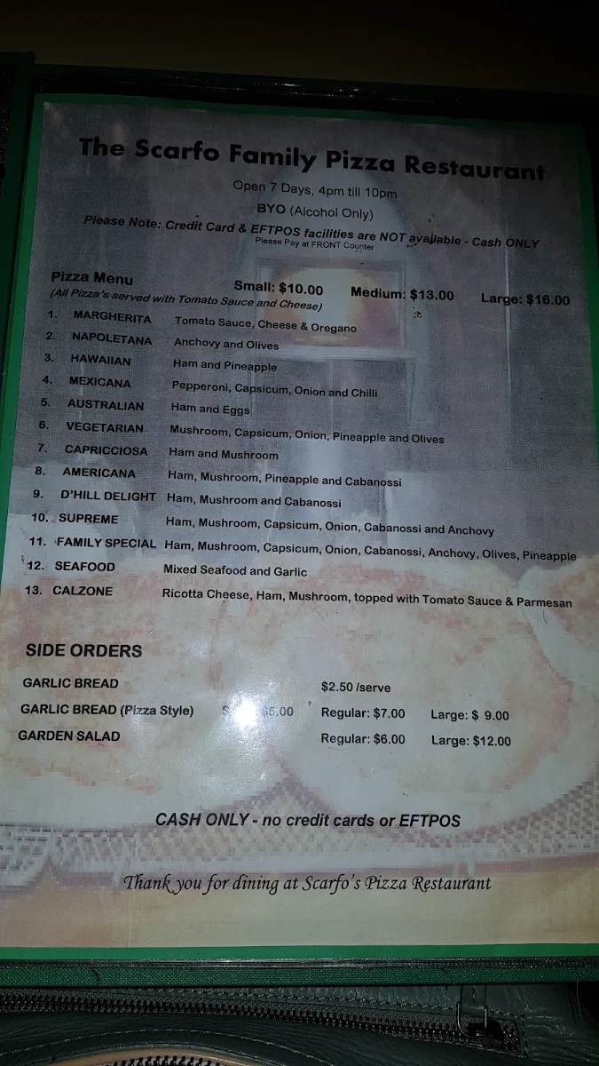 Menu, Scarfo Family Pizza Restaurant