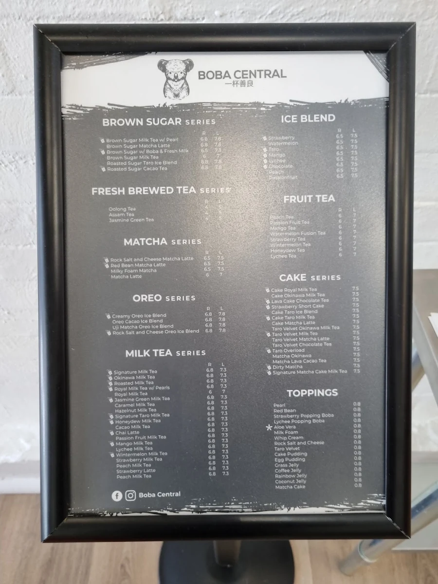 Menu, Boba Central Ballarat