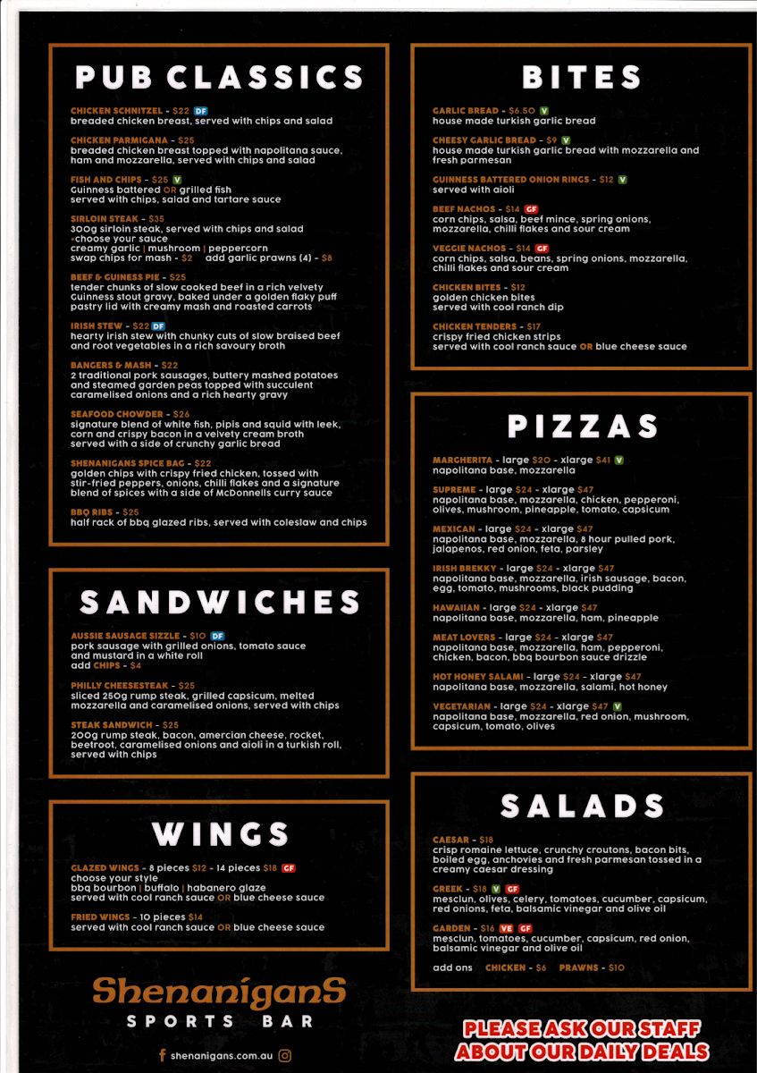 Menu, Shenanigans Sports Bar