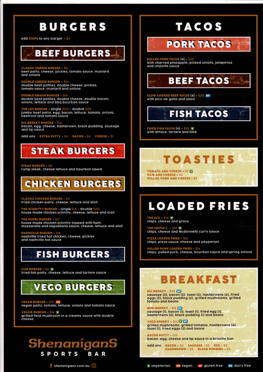 Menu, Shenanigans Sports Bar