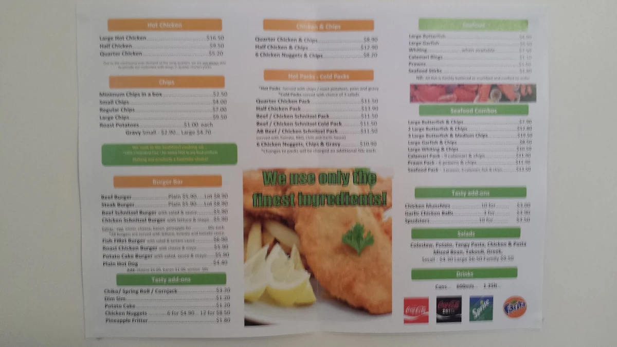 Menu, Erindale Chicken & Seafood