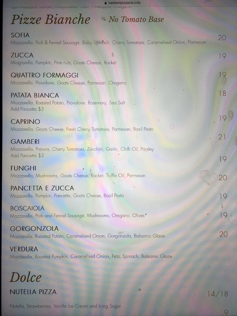 Menu, Bastoni Pizzeria