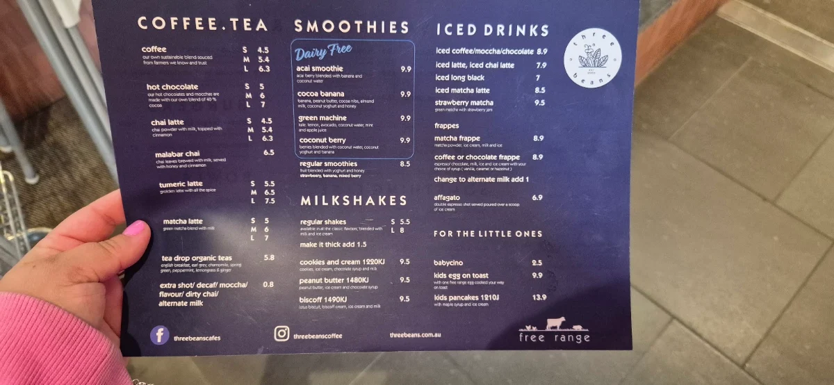 Menu, Three Beans Broadway