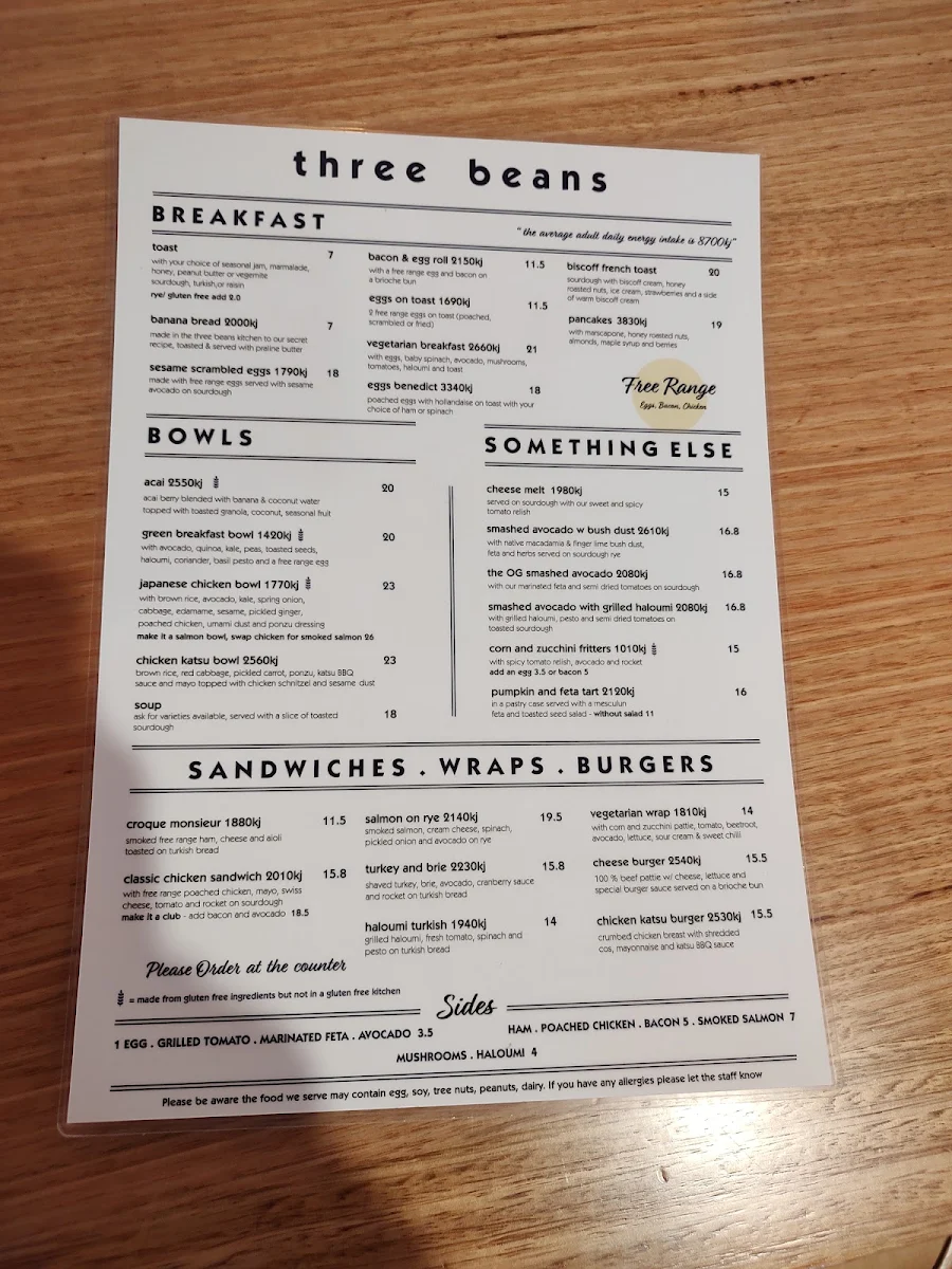 Menu, Three Beans Broadway