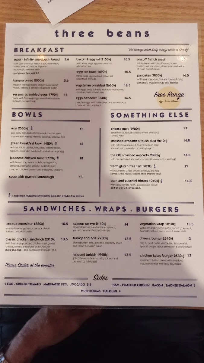 Menu, Three Beans Broadway