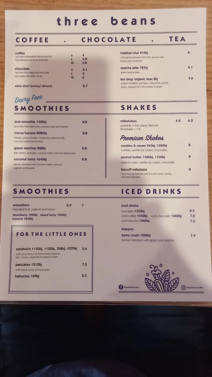 Menu, Three Beans Broadway