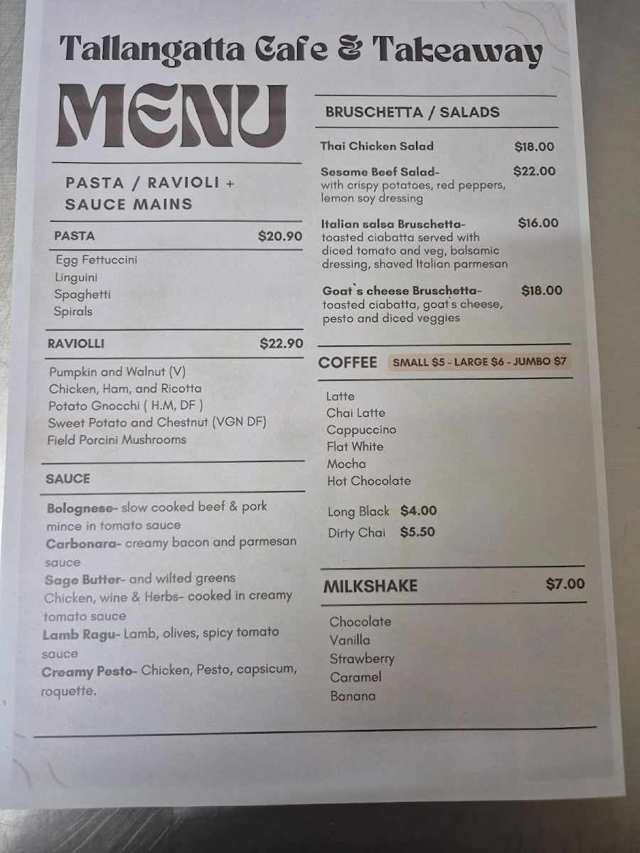 Menu, Tallangatta Cafe and Take Away