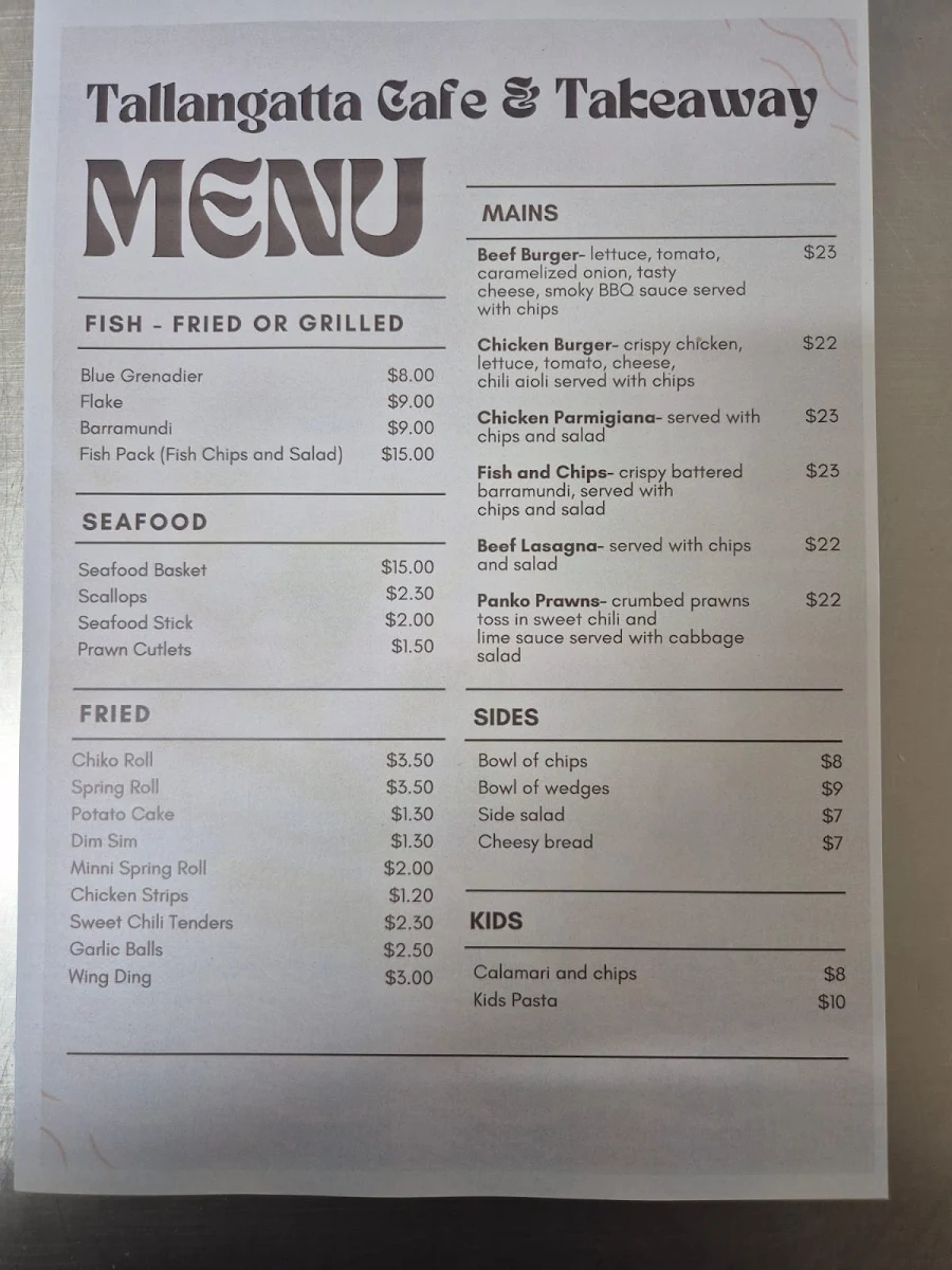 Menu, Tallangatta Cafe and Take Away
