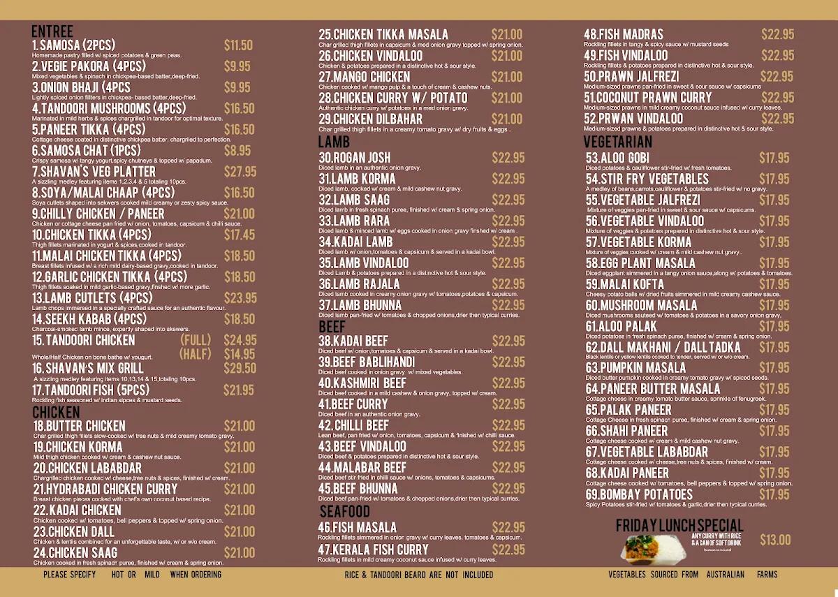 Menu, Shavans @ Pakenham Indian Restaurant
