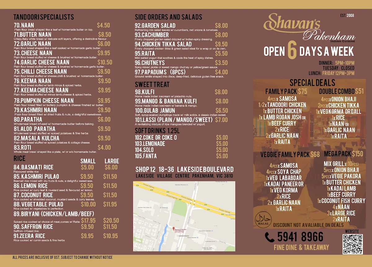Menu, Shavans @ Pakenham Indian Restaurant