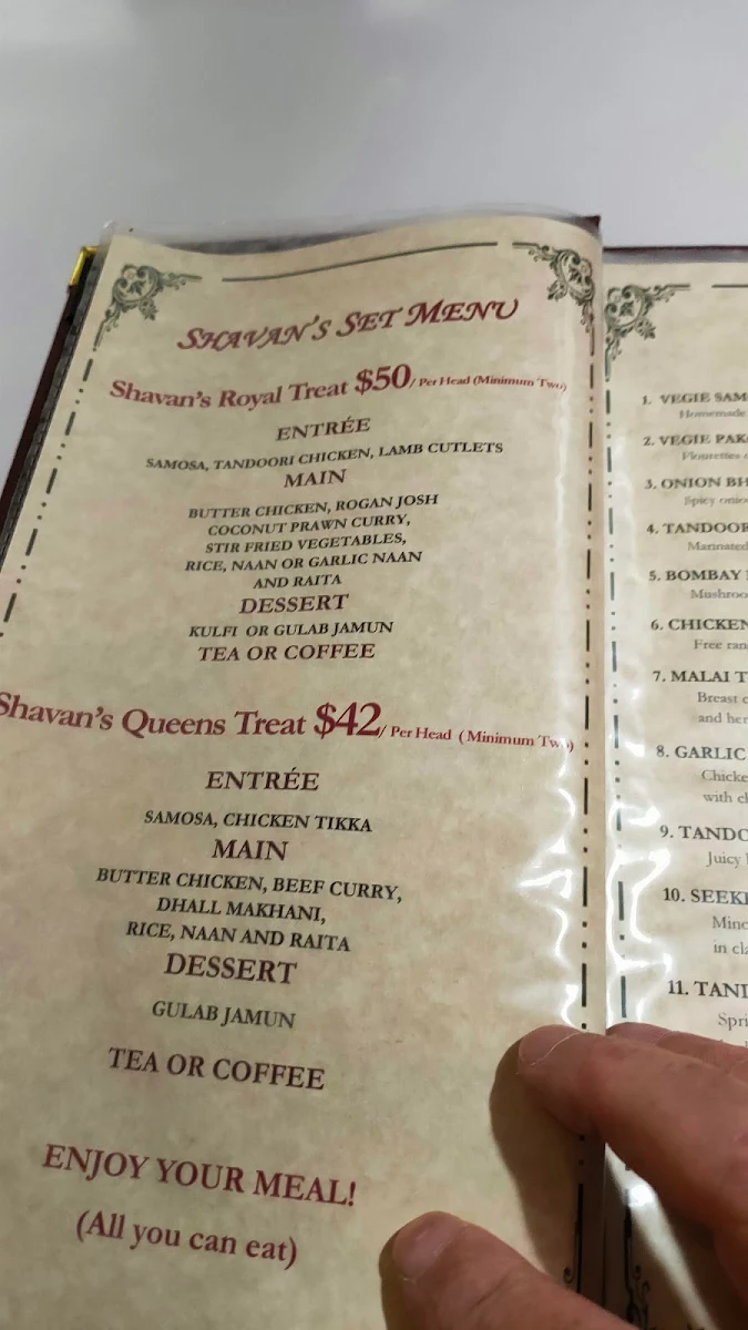 Menu, Shavans @ Pakenham Indian Restaurant