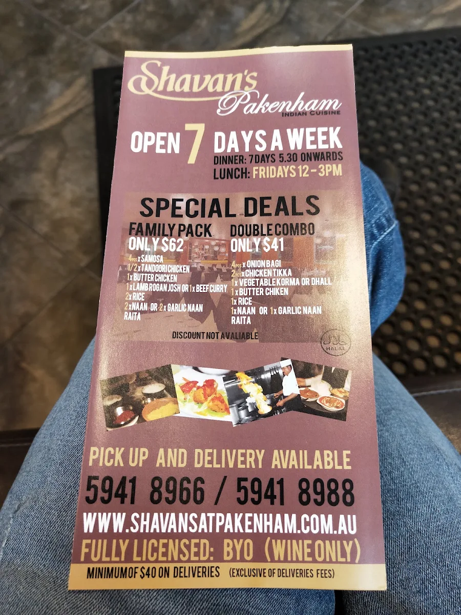 Menu, Shavans @ Pakenham Indian Restaurant