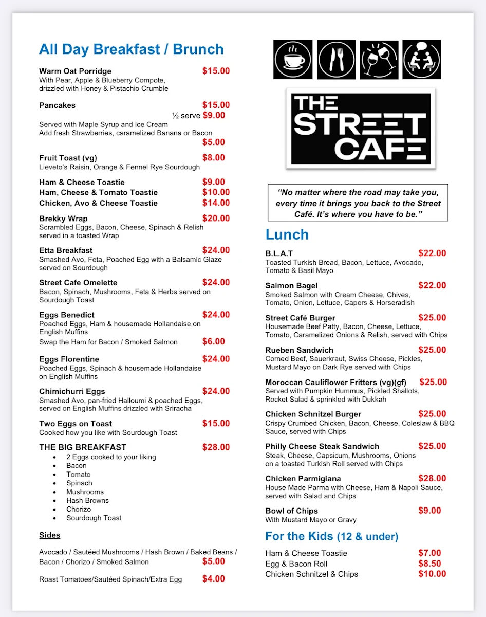 Menu, The Street Cafe Aspendale