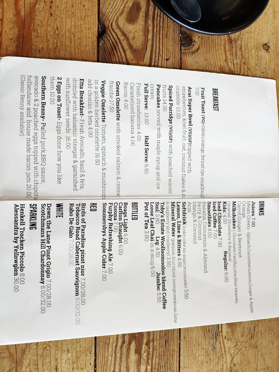 Menu, The Street Cafe Aspendale