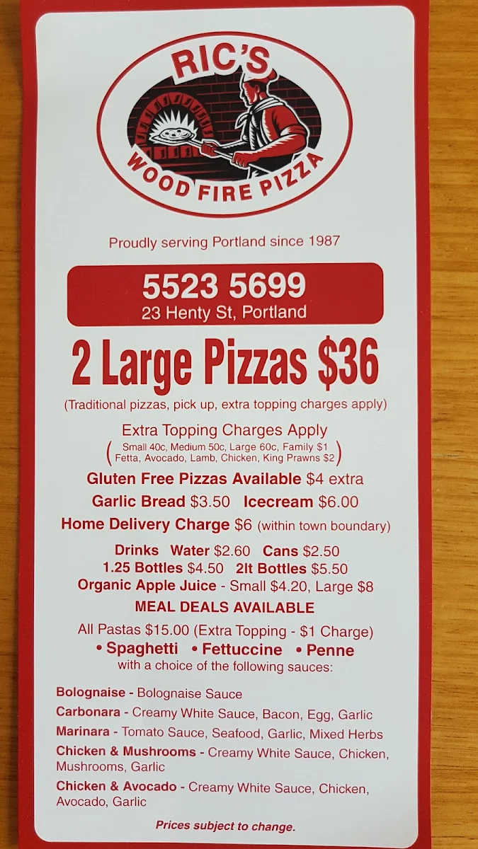 Menu, Ric's Pizza Bar