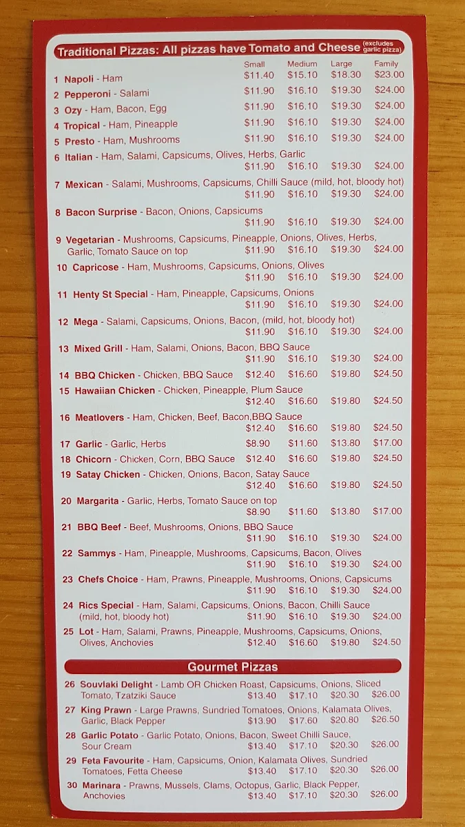 Menu, Ric's Pizza Bar