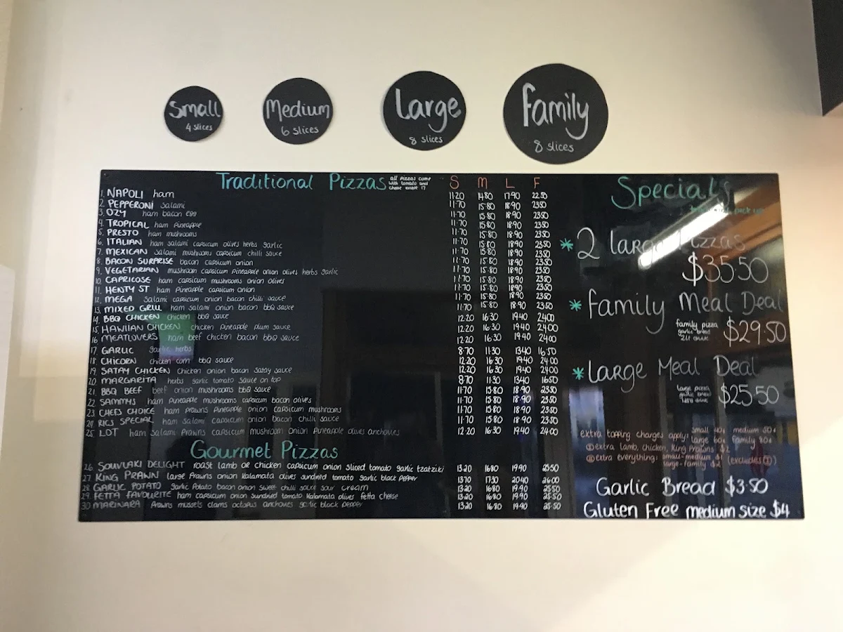 Menu, Ric's Pizza Bar