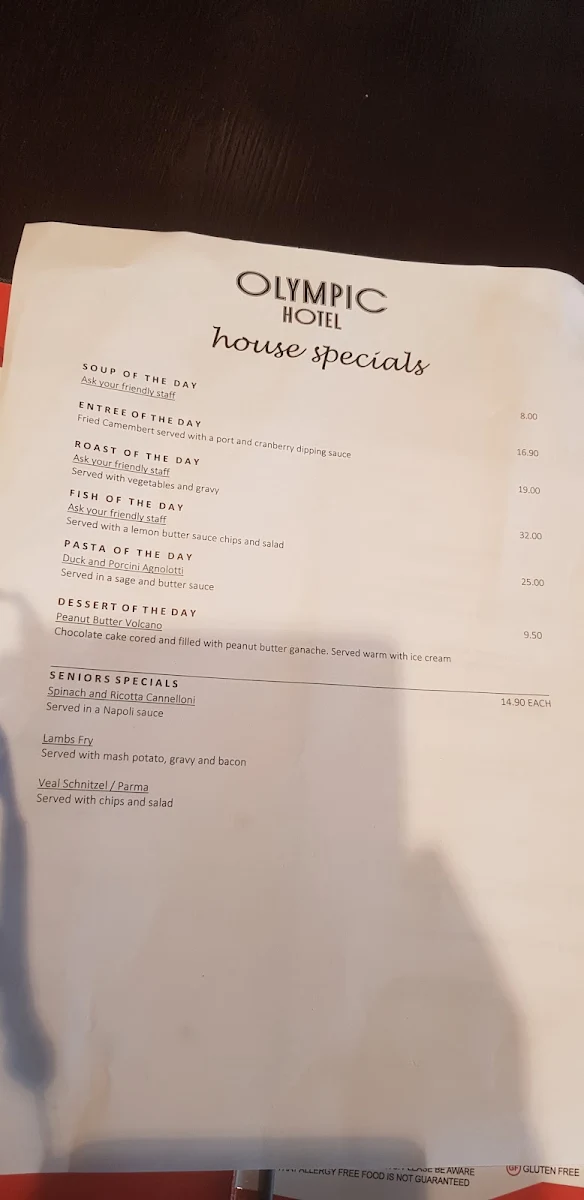 Menu, Olympic Hotel