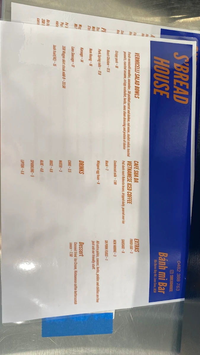 Menu, S'Bread House