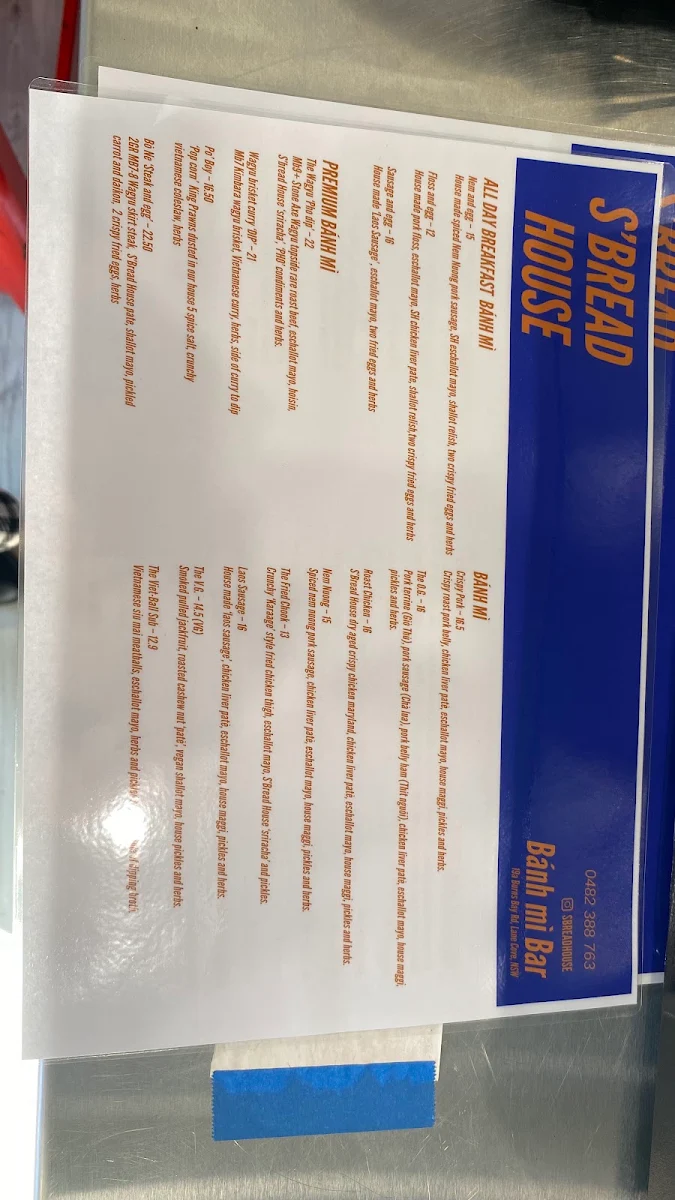 Menu, S'Bread House