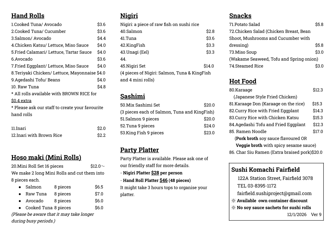 Menu, Sushi Komachi Fairfield