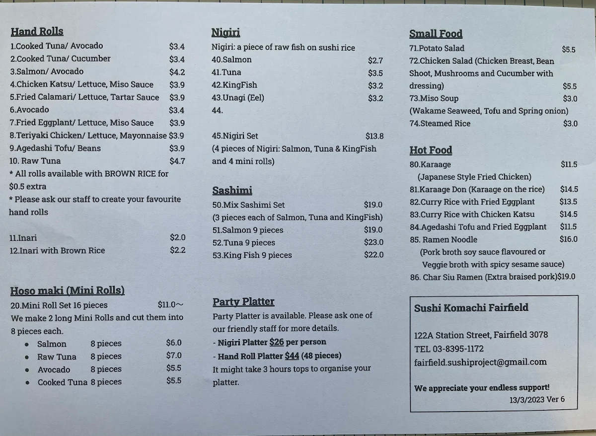 Menu, Sushi Komachi Fairfield