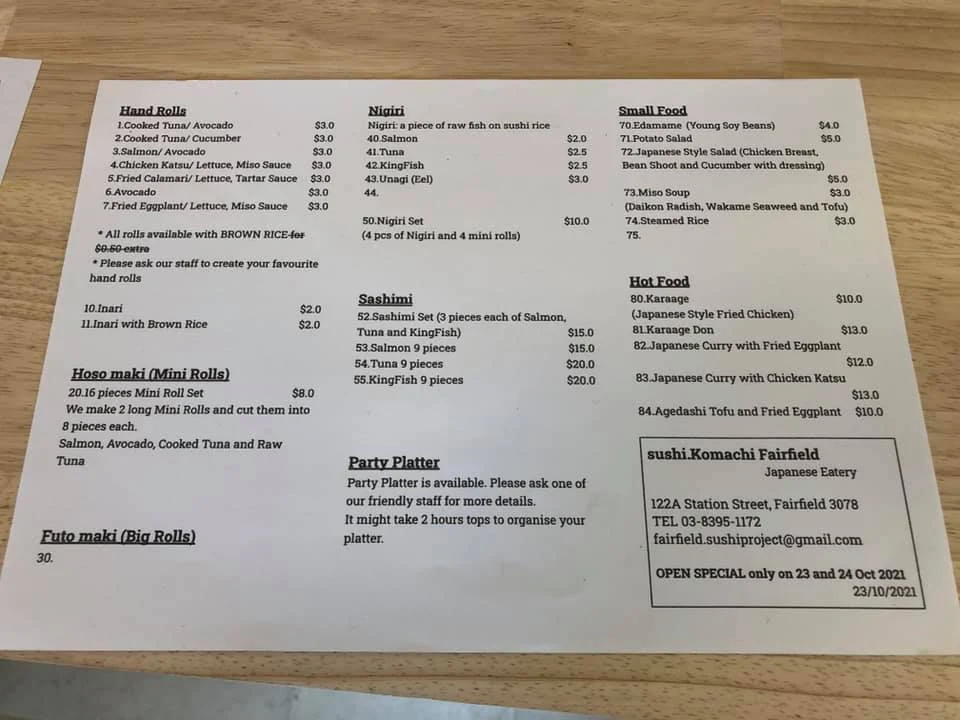 Menu, Sushi Komachi Fairfield