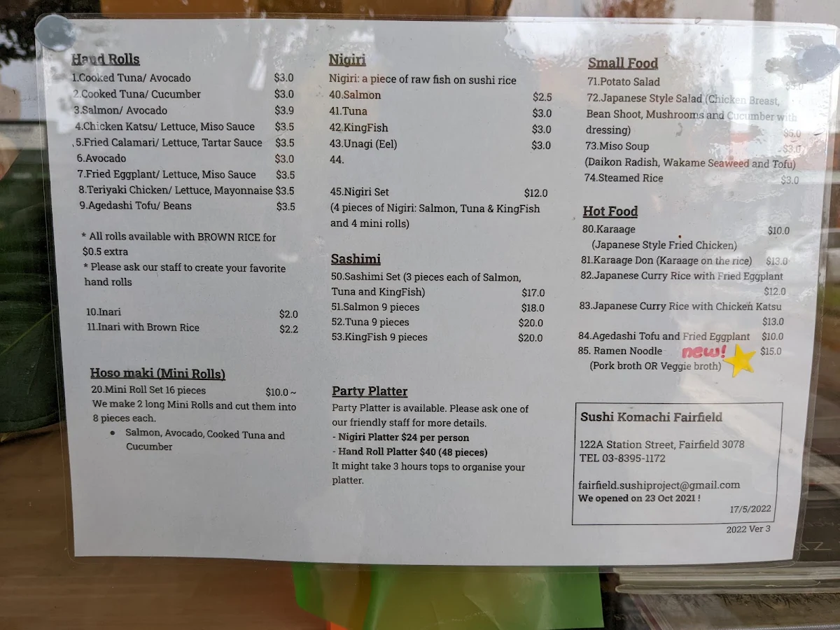 Menu, Sushi Komachi Fairfield