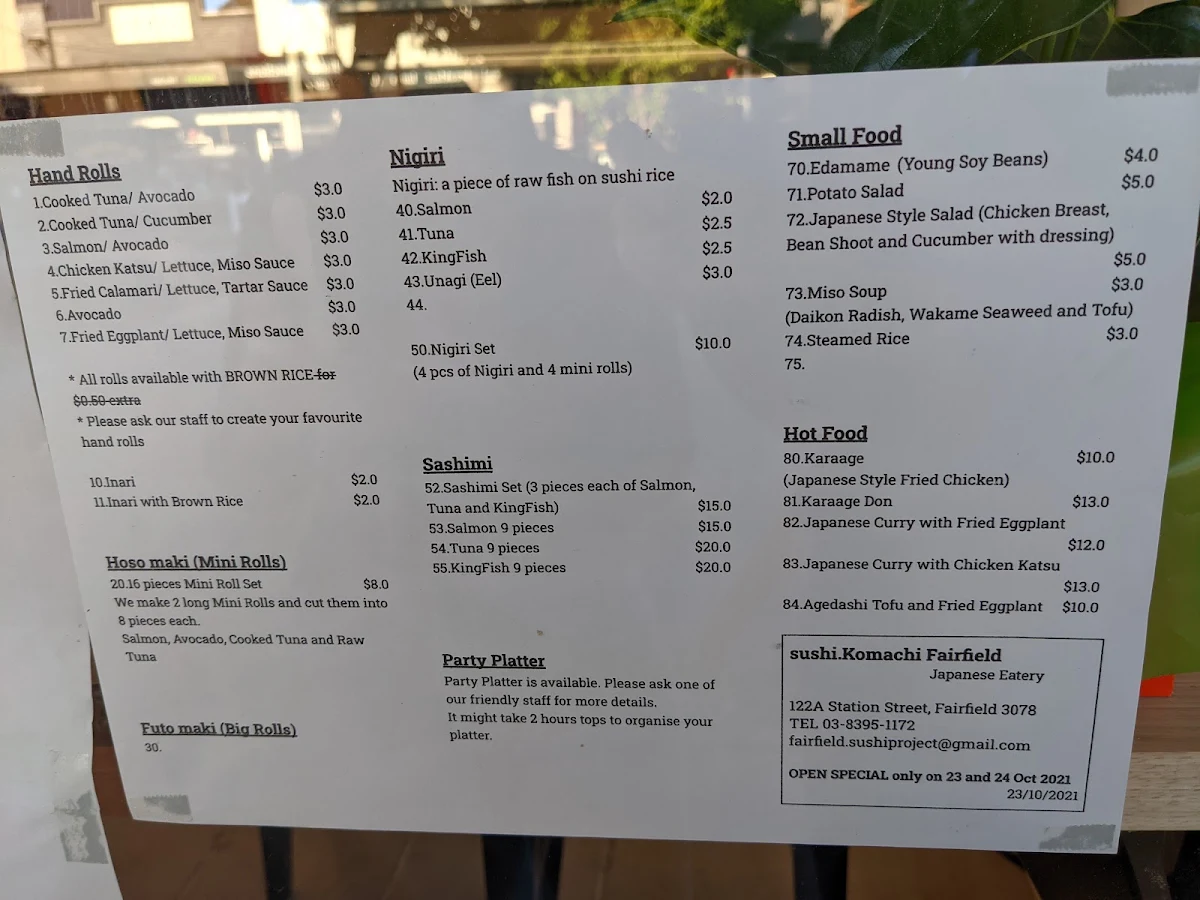Menu, Sushi Komachi Fairfield