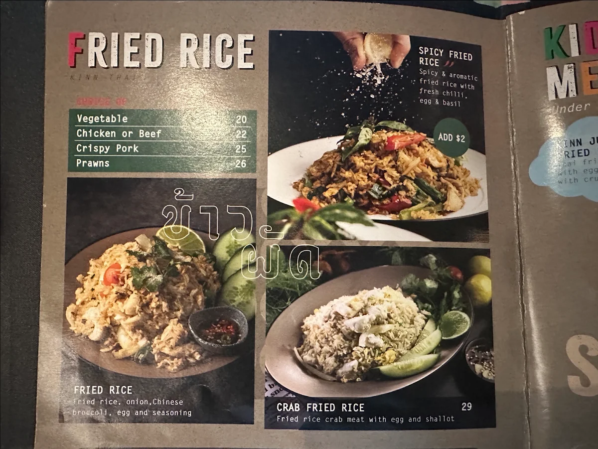 Menu, Kinn Thai Werribee