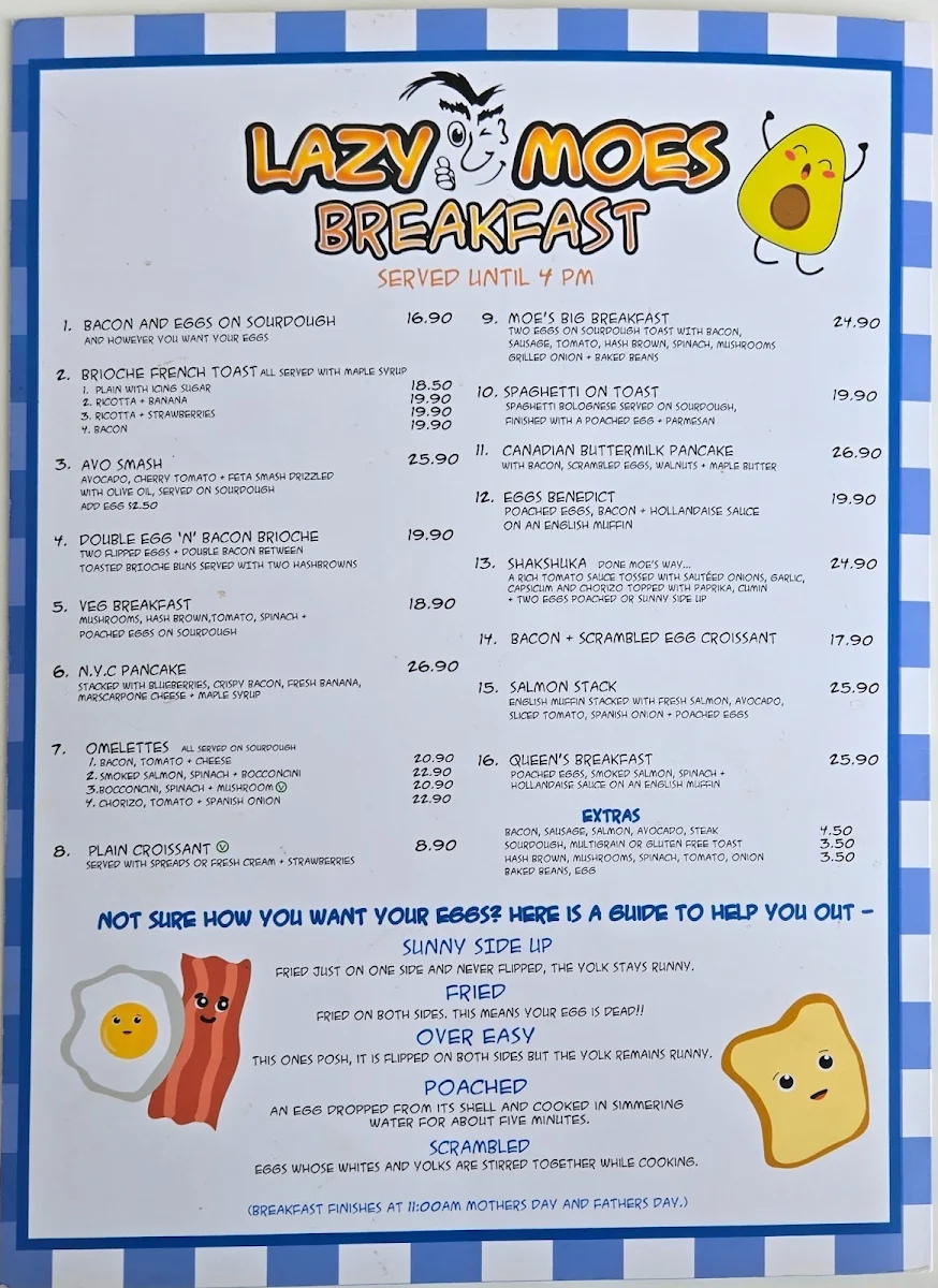 Menu, Lazy Moe's