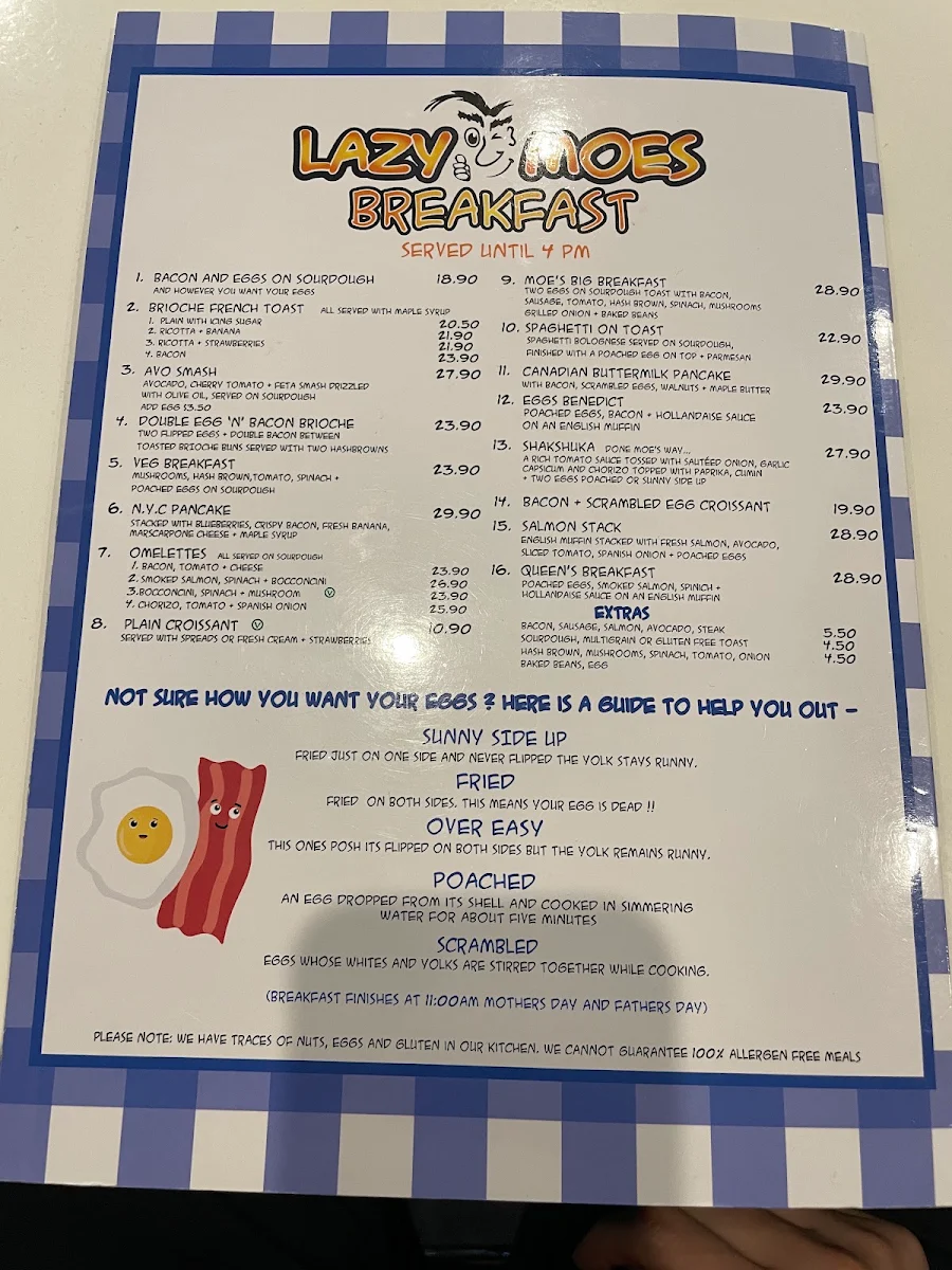 Menu, Lazy Moe's