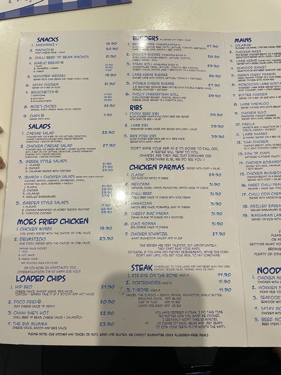 Menu, Lazy Moe's
