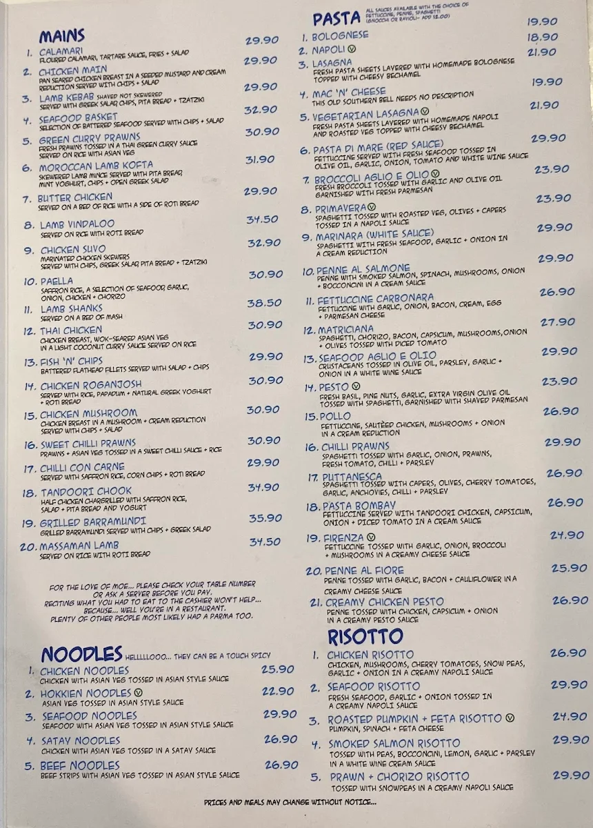 Menu, Lazy Moe's